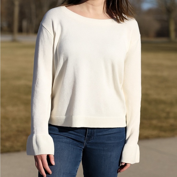 J. Crew Cream Cotton Flutter Cuff Sleeve Sweater Size XL - Picture 1 of 5